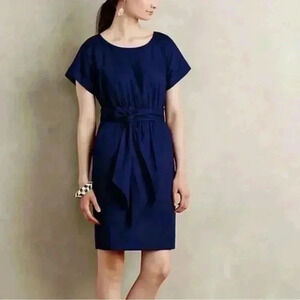 Anthropologie HD in Paris Size 4P Poplin Sheath Dress W/Pockets & Tie Belt Navy